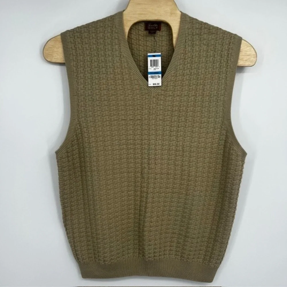 NWT Tasso Elba Golf Men's XL Dune Tan Basketweave V-Neck Cotton Sweater Vest